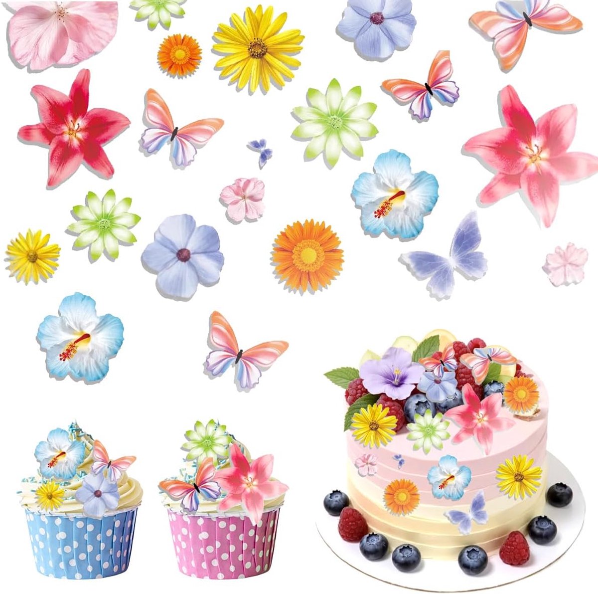 Eetbare bloemen voor taartdecoratie, eetbare bloemen voor taarten, taartdecoratie vlinder kersenbloesems esspapier bloemen taartdecoratie verjaardag voor eetbare cupcake topper taartdecoratie