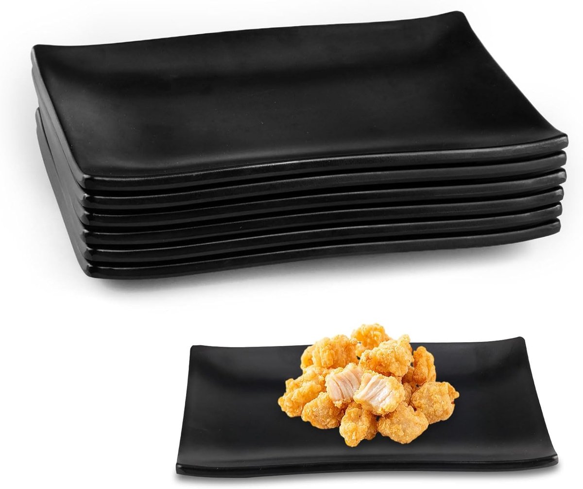 6 stuks serveerborden, kleine dessertborden, zwarte borden, rechthoekig, 22,7 x 15,5 x 2,2 cm, voorgerechten, rechthoekig, mat zwart, voor sushi-servies, dessert, cake, enz