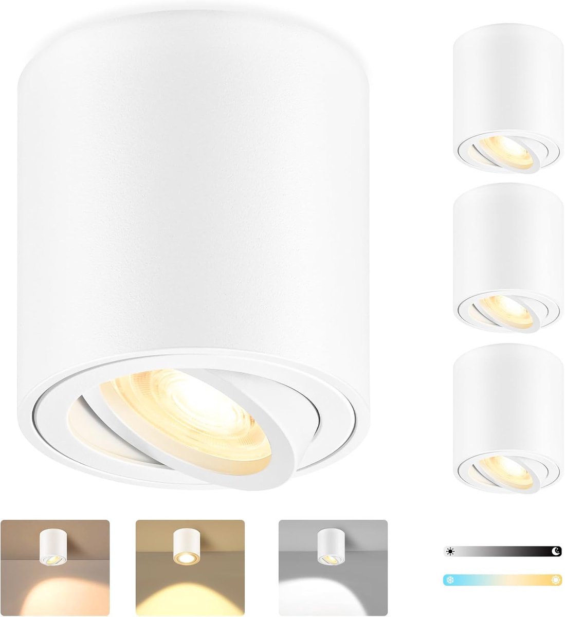 LED Opbouwspots Wit Dimbaar, Ø80x84mm Plafondspots Opbouw Rond, 30° Kantelbaar, incl. 5W 500LM LED Module 230V, 3CCT 3000K/4000K/6500K, 4 Stuks