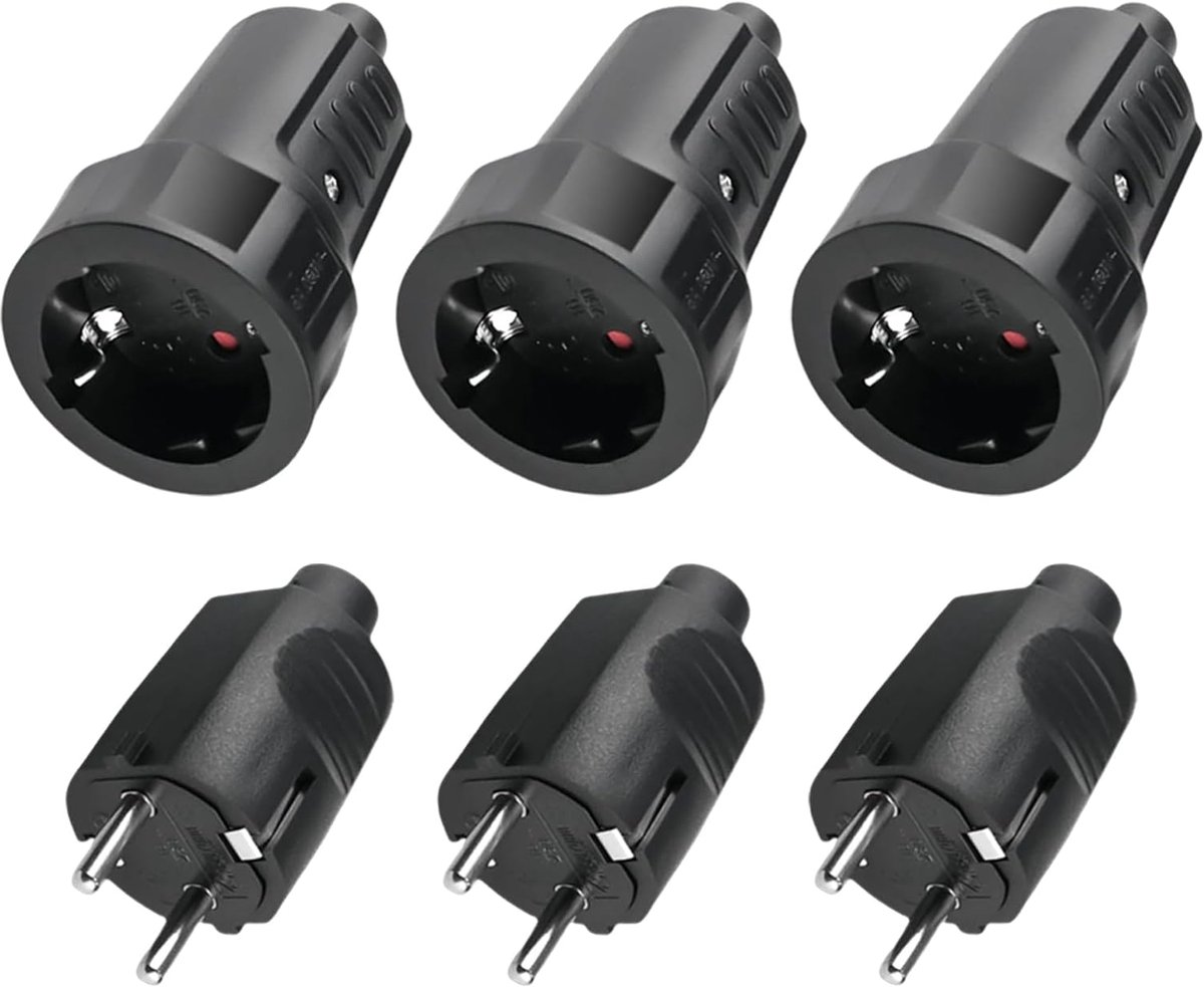 3x Schuko-stekkerkoppeling: Sporgo stekker 230V IP44 voor buiten, geaarde stekker met knikbescherming, 2-polige 16A & 3,7kW rubberen koppeling voor buiten, schukostekkerkoppeling 230V (zwart)