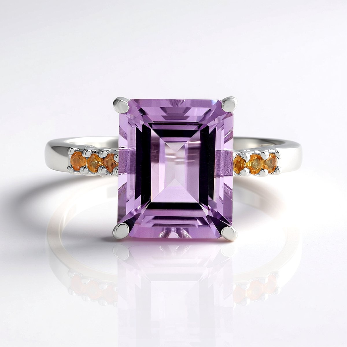 Cavill - Lavendel Amethist Ring 3,95 ct - 925 Zilver 18K Platina Verguld - Achthoekig Braziliaans Edelsteen met Oranje Saffieren - Elegante Damesring