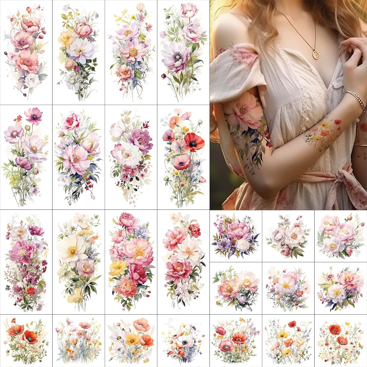 Tijdelijke tattoo mouwbladen, 12 grote aquarel bloemen tattoo stickers, 13 kleine nep bloem tattoo ontwerpen voor vrouwen en meisjes