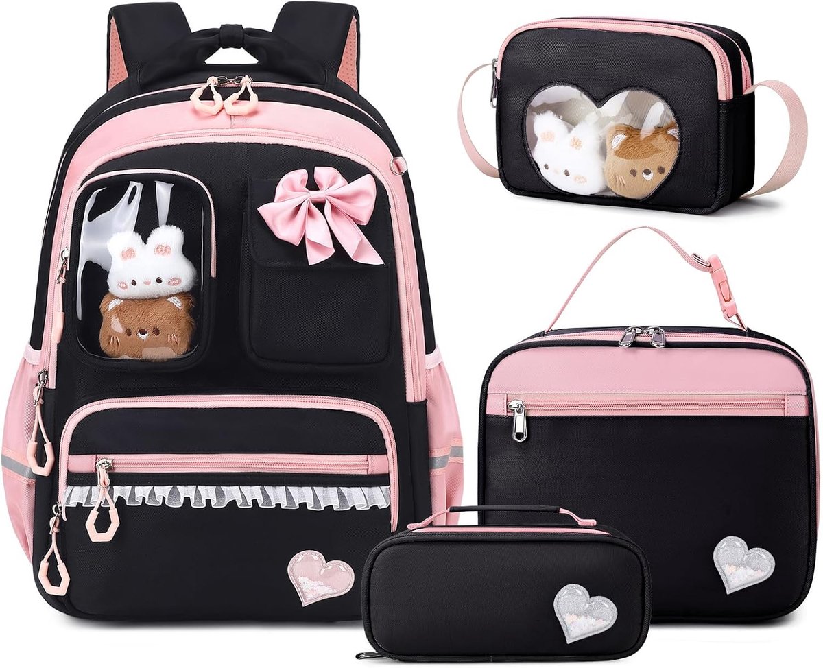 Schoolrugzak voor meisjes, 4-delig, ademend, voor meisjes, tieners, meisjes, Kawaii, met etui, lunchtas en schoudertas, zwart, roze, 22 litros, Casual