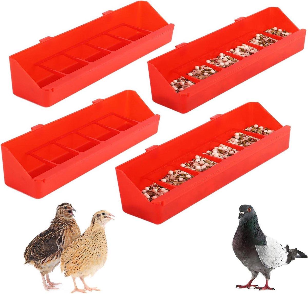 Voederbak Set - Voerdispenser - Gevogelte Voeren - No Mess Ontwerp - 4 stuks - Rood