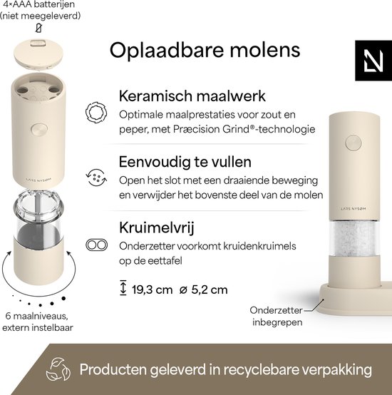 Set van elektrische molens in crème beige met keramisch maalwerk. Externe instelling voor de maalgraad. Vereist 4 AAA-batterijen.
