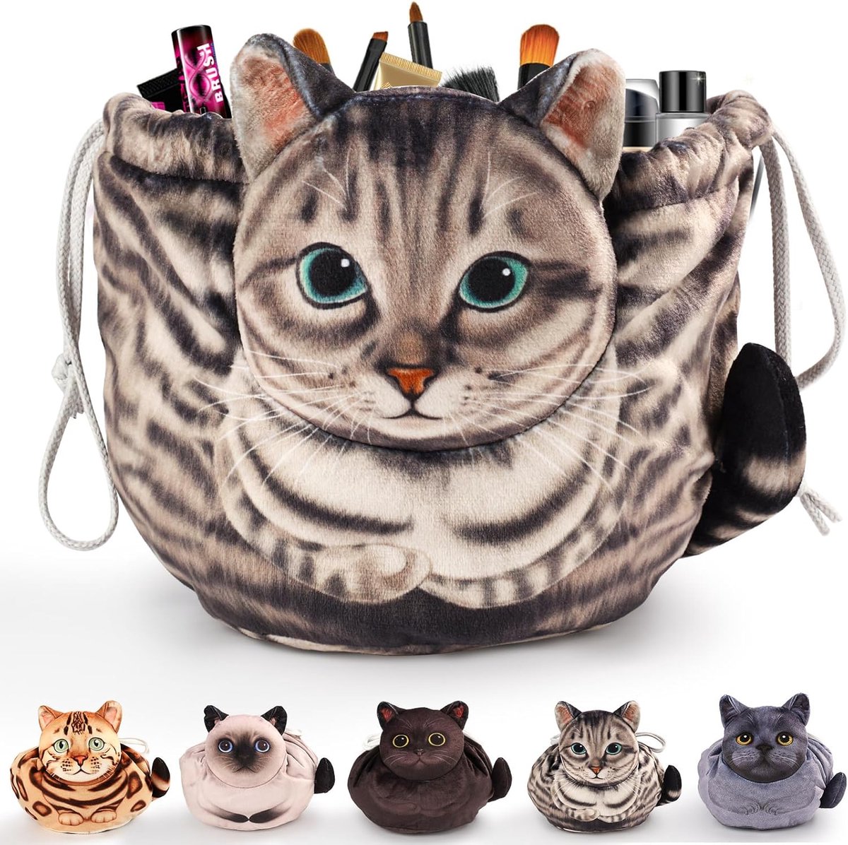 tas met trekkoord, cosmetische tas met kat, cadeau voor kattenliefhebbers, platte make-uptas voor vrouwen en meisjes, make-uptas voor op reis