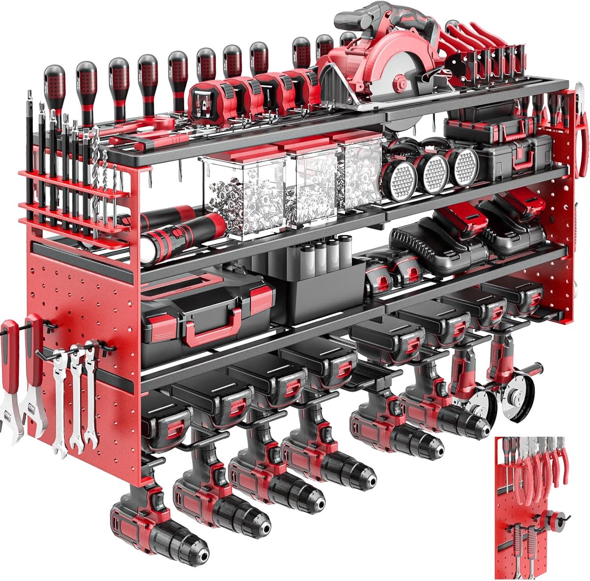 4-laags Opbergrek voor Elektrisch Gereedschap Wandmontage, 8 Houders voor Snoerloze Boormachines, 230KG Zware Opbergrek voor Elektrisch Gereedschap（Roze, 8 boorstandaarden)