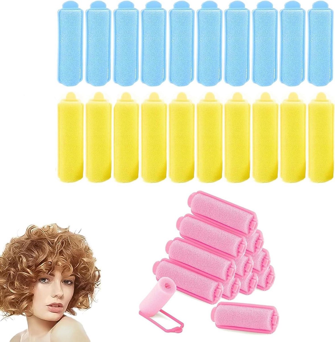 Foam Sponge Curlers - Haarrollers Zacht - Haar Krullen - Zonder Hitte - 30 stuks - Roze Geel Blauw