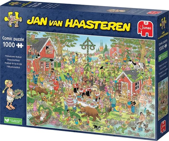 Jan van Haasteren 1000 stukjes Comic puzzel Midzomerfeest, met veel figuren en details van een druk feest in de buitenlucht.