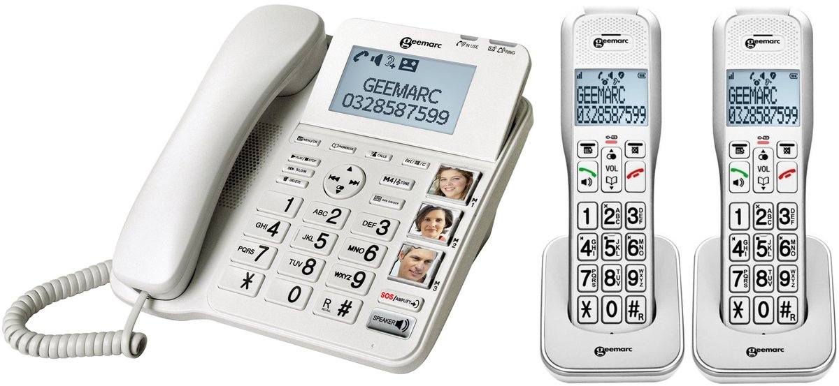 Vaste telefoon met 3 fototoetsen + 2x draadloze telefoon - 50 dB geluidsversterking - SLECHTHORENDEN - SLECHTZIENDEN - combi 595-2