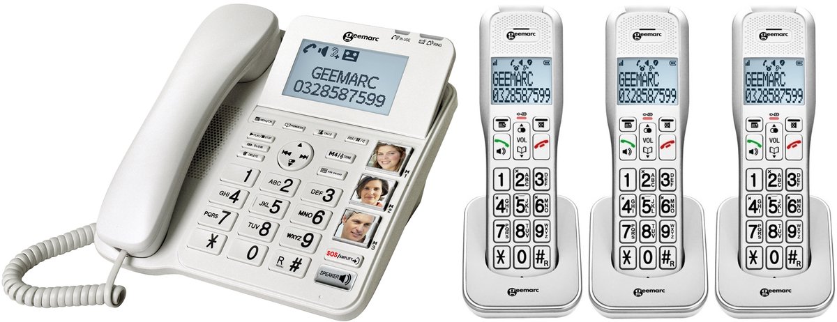 Vaste telefoon met 3 fototoetsen + 3x draadloze telefoon - 50 dB geluidsversterking - SLECHTHORENDEN - SLECHTZIENDEN - combi 595-3