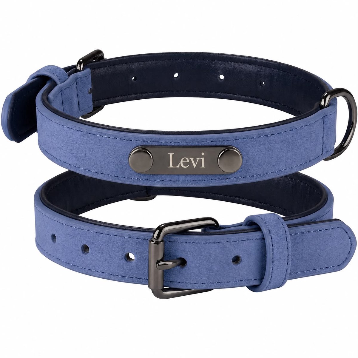 Gepersonaliseerde Hondenhalsband met Naamplaatje | Luxe Halsband met Naam Gravure | Blauw | Maat M | Leren Halsband met Metalen Naamplaatje | Verstelbaar & Comfortabel | Petshop Seven