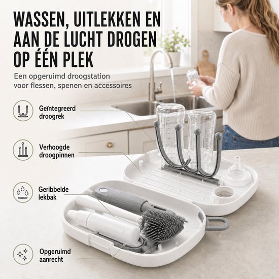 8-in-1 Babyfles Reinigingsset - Flessen Droogrek Baby - Flessen Borstel Reis Set - Flessenreiniger - Siliconen Flessenborstel met Zeepdispenser en Opbergbox — afbeelding 3
