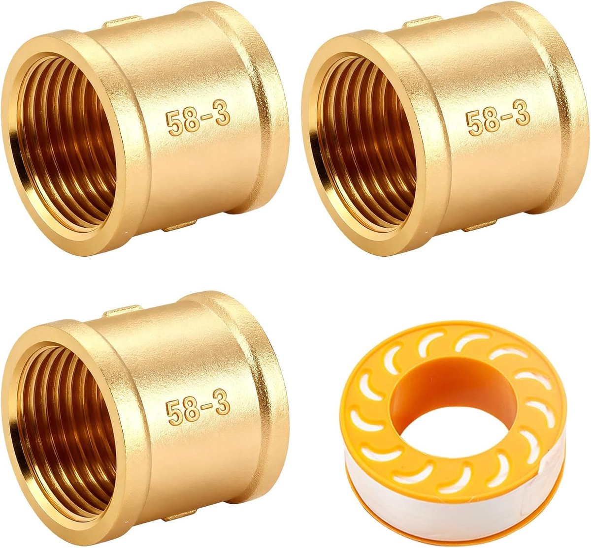 1 inch, 3 stuks binnendraad verbindingsstuk dubbele IG/IG + 11 m teflonband, corrosiebestendige messing adapter voor buisaansluiting warm- en koudwaterleiding