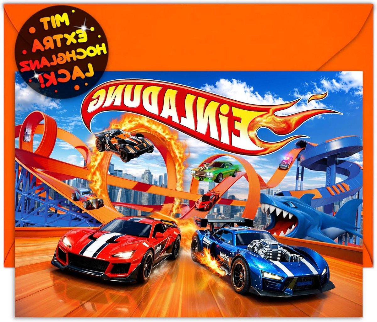Uitnodigingskaarten Raceauto - Feestkaarten Kinderfeest - Verjaardag Vieren - Gemaakt in Duitsland - DIN-A6 - Speelgoedauto Oranje