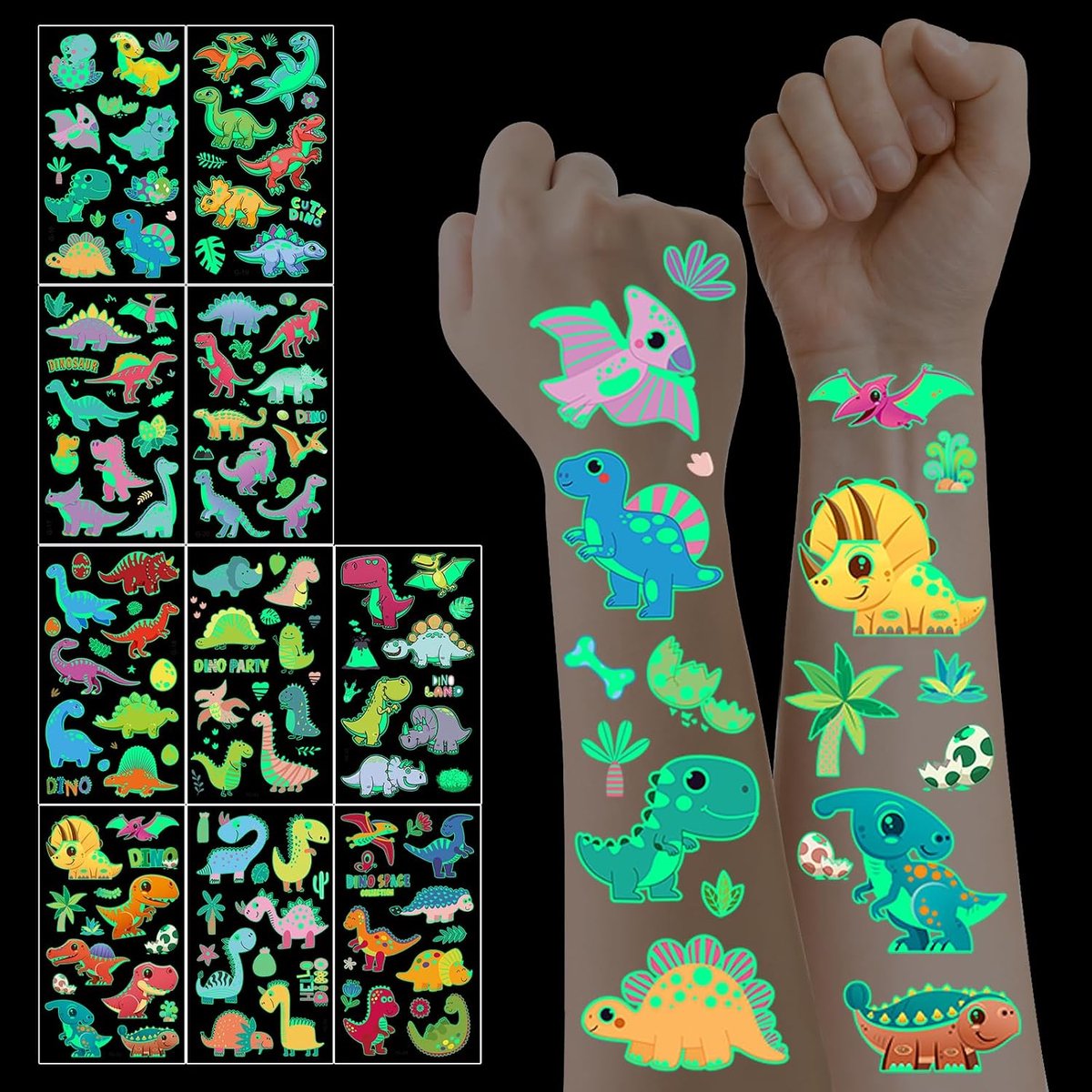 Tatoeages voor Jongens en Meisjes, 10 Vellen Dinosaurussen Tatoeages | Lichtgevende, voor Meisjes, Feestzakken, Verjaardagsdecoraties, Klein Cadeautje