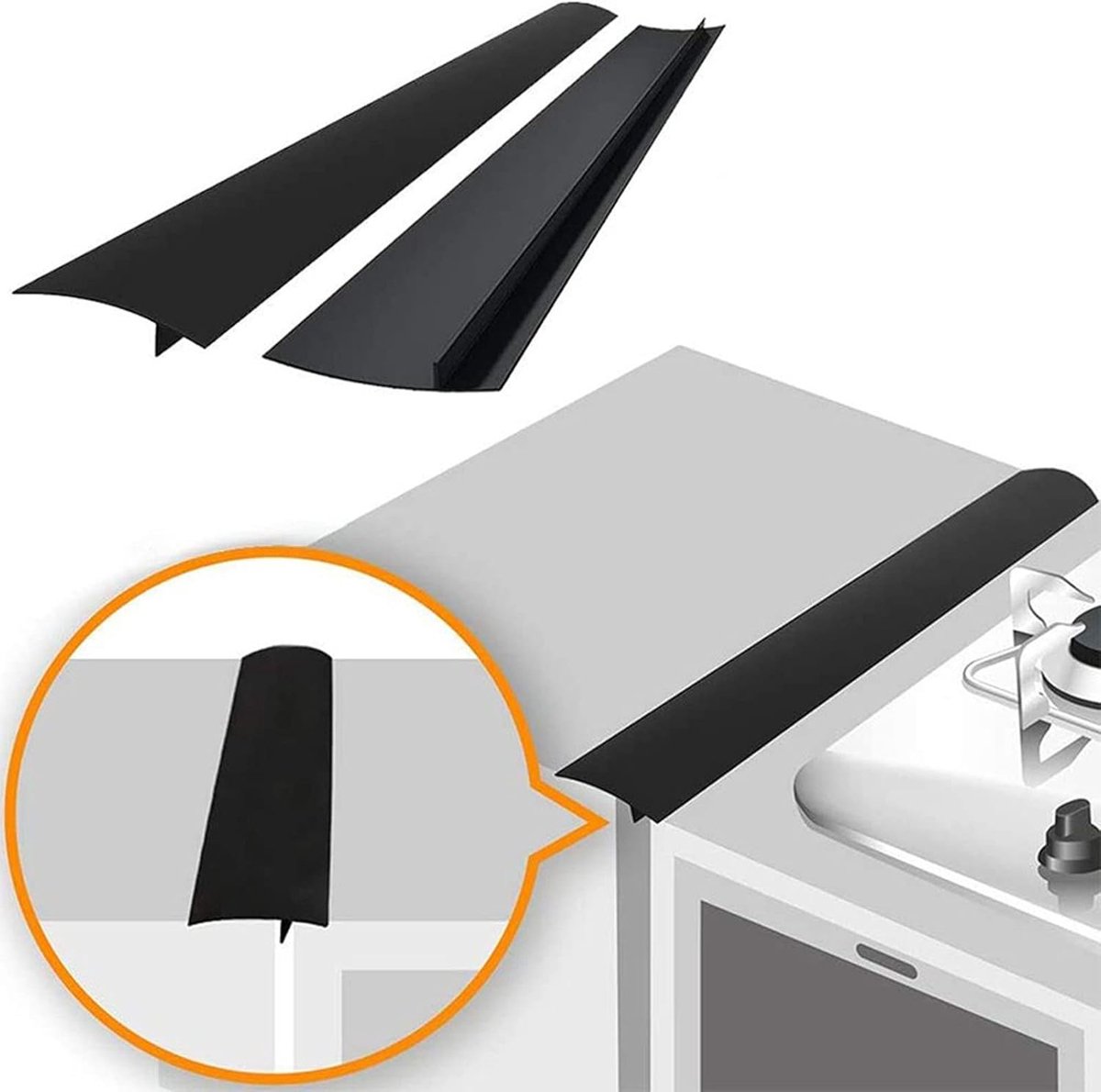 2-delige keuken brede kloofvulstrip, anti-olie strip T-vormige siliconen fornuis kloofafdekkingen, zwart, 53,3 cm / 21 inch, voor kookplaat en oven