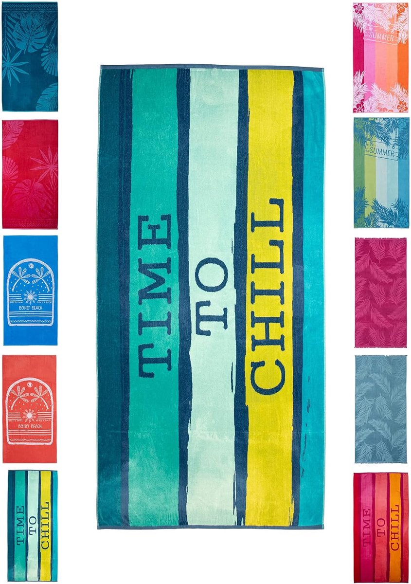 - Katoenen strandlaken, 90 x 180 cm, strandlaken, badhanddoek van badstof, velours met ophanglus, saunahanddoek, Öko-Tex-standaard 100 gecertificeerd, model Time to Chill, blauw design