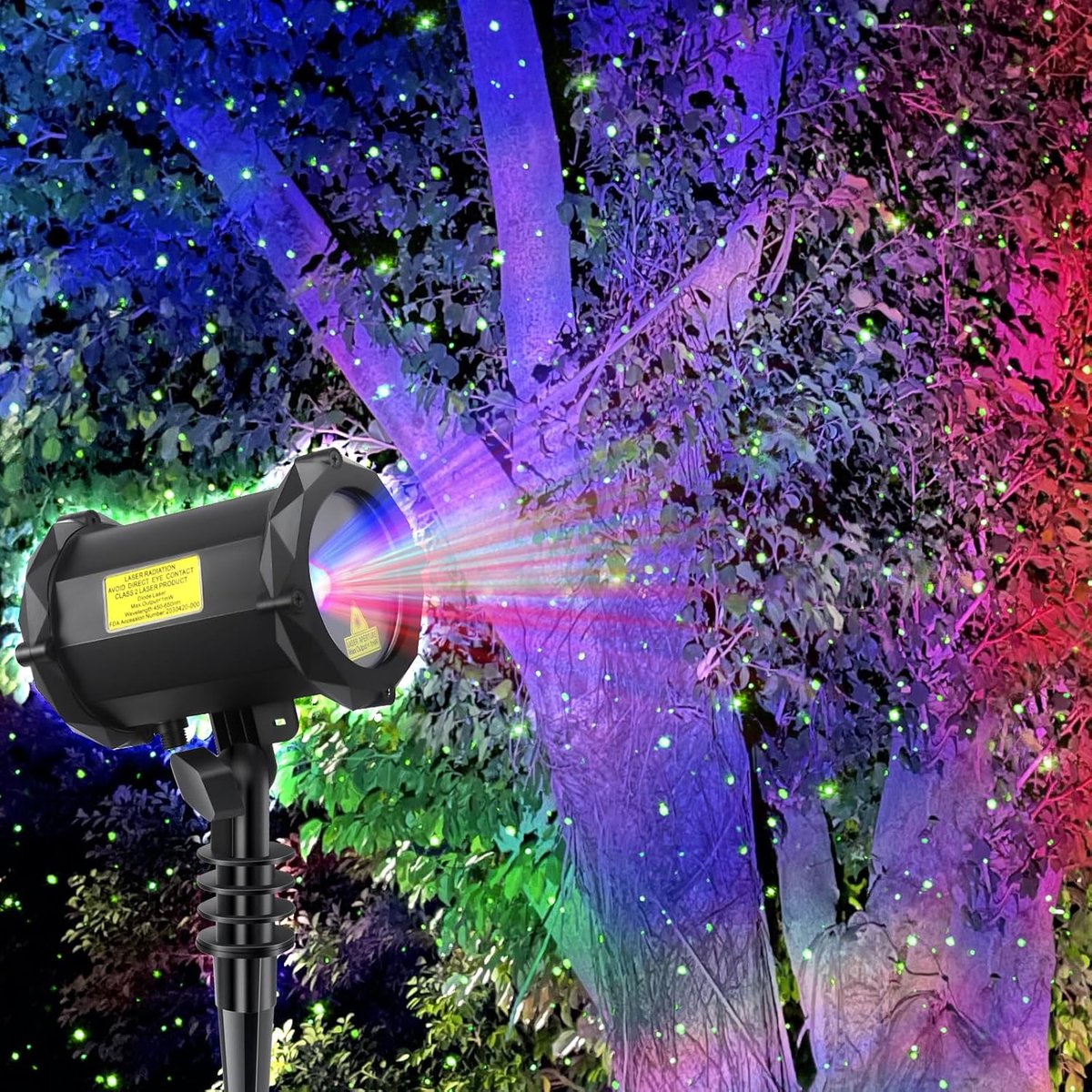 Tuinverlichting met vuurvliegjes, sterrenprojector, laserkerstverlichting met kleurrijke LED-achtergrondverlichting.