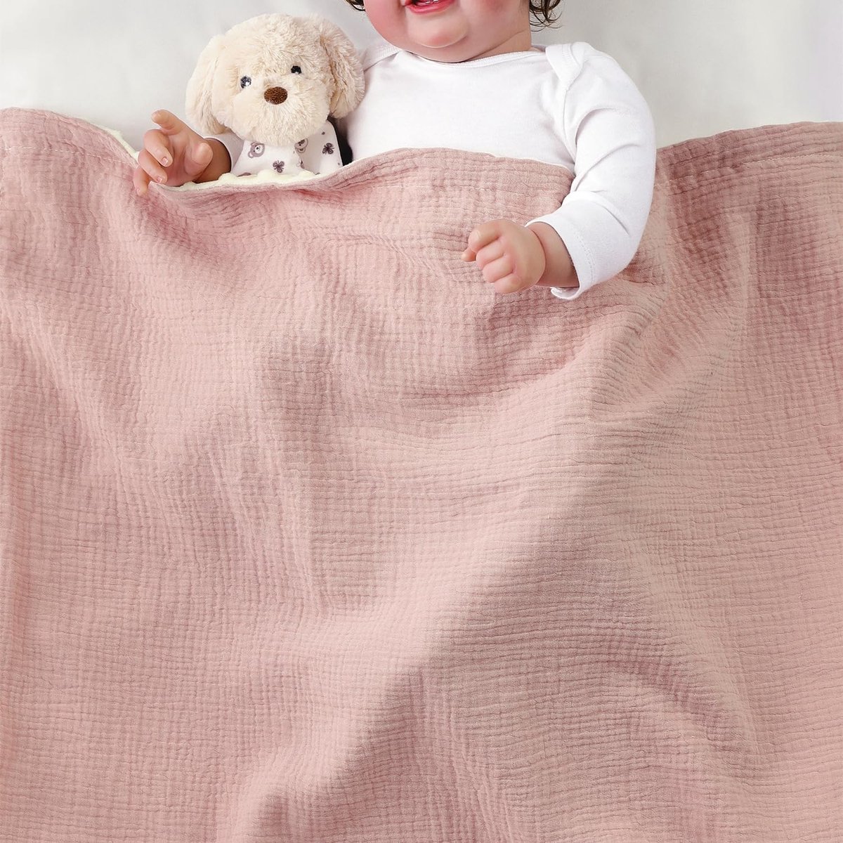 Biologische Muslin Katoenen Babydeken voor Pasgeborenen, Zachte Nerts Achterkant, Essentieel voor Babyshower Verjaardagscadeau - Roze 75X100cm