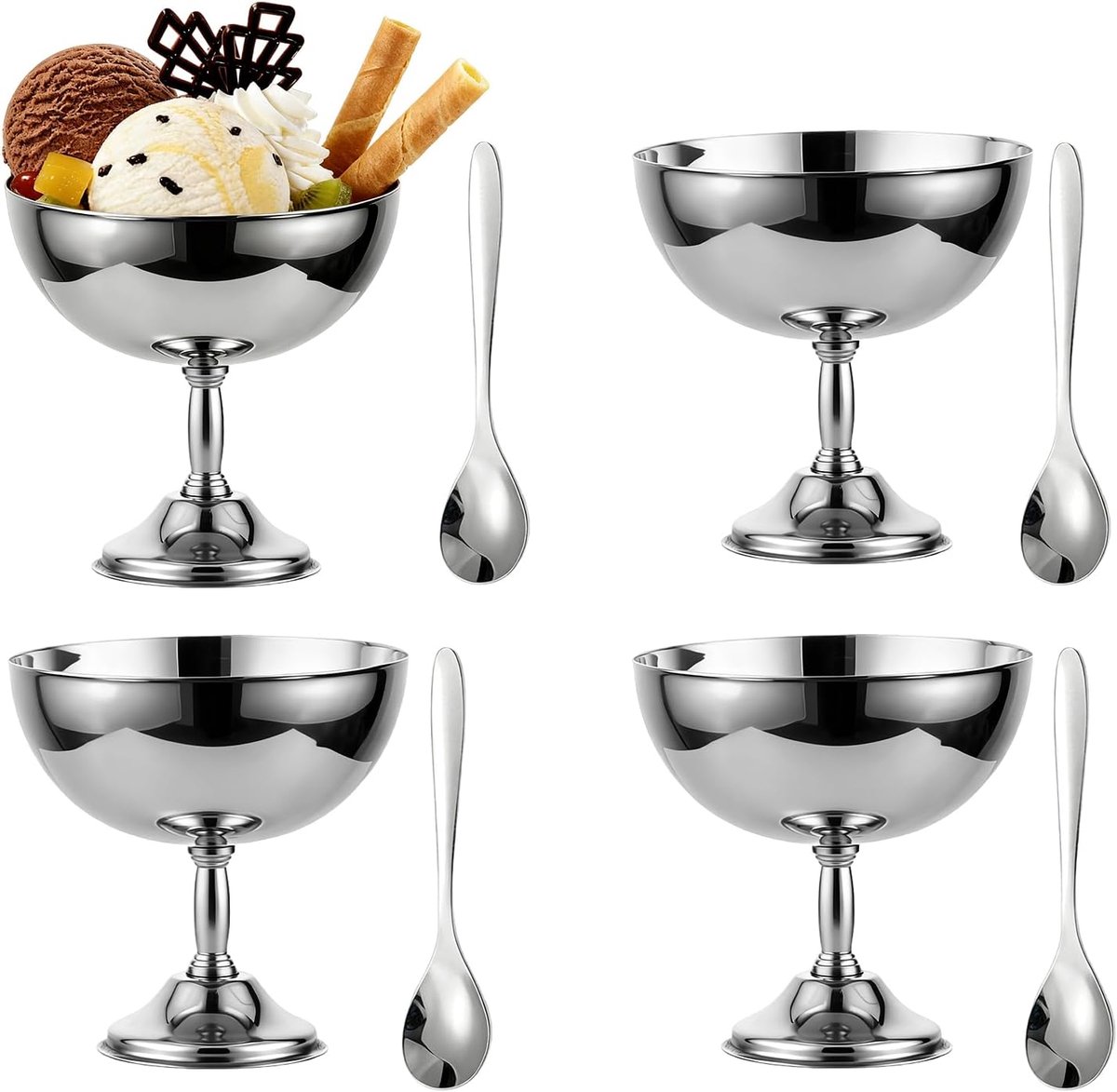 Roestvrijstalen ijsbeker, retro dessertkom voor saladepudding en kleine serveerschalen voor feest, bruiloft en keuken (4 stuks, 11 cm)