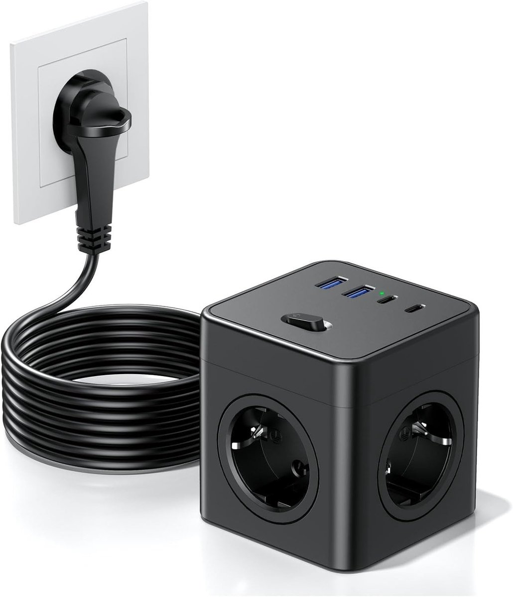 Stekkerdoos met USB, 8 in 1 stekkerstrip met plat stopcontact met schakelbaar, 4-voudige stekkerstrip met 2 USB-A & 2 USB-C, meervoudige stekkerdoos Power Cube met trekring, 1.5M kabel voor thuis