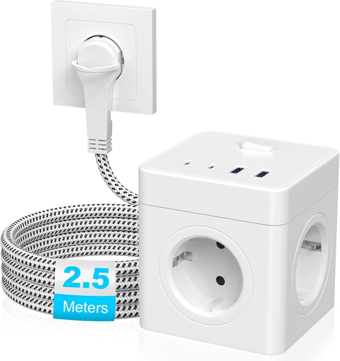 Stekkerkubus met USB-C, 4-voudige stekkerdoos, platte stekker met schakelbaar, meervoudige stekkerdoos voor kantoor, thuis, reizen, 2,5 m kabel, wit