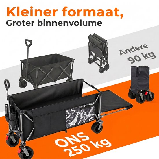 Opvouwbare Bolderkar - 300L+120L Strandkar - Tuinkar - Transportwagen - Achterklep - Brede Wielen - Snel Inklapbaar - Robuust Frame - Camping - 180cm - Vervoeren - Zwart van Opvouwbare Bolderkar — afbeelding 4