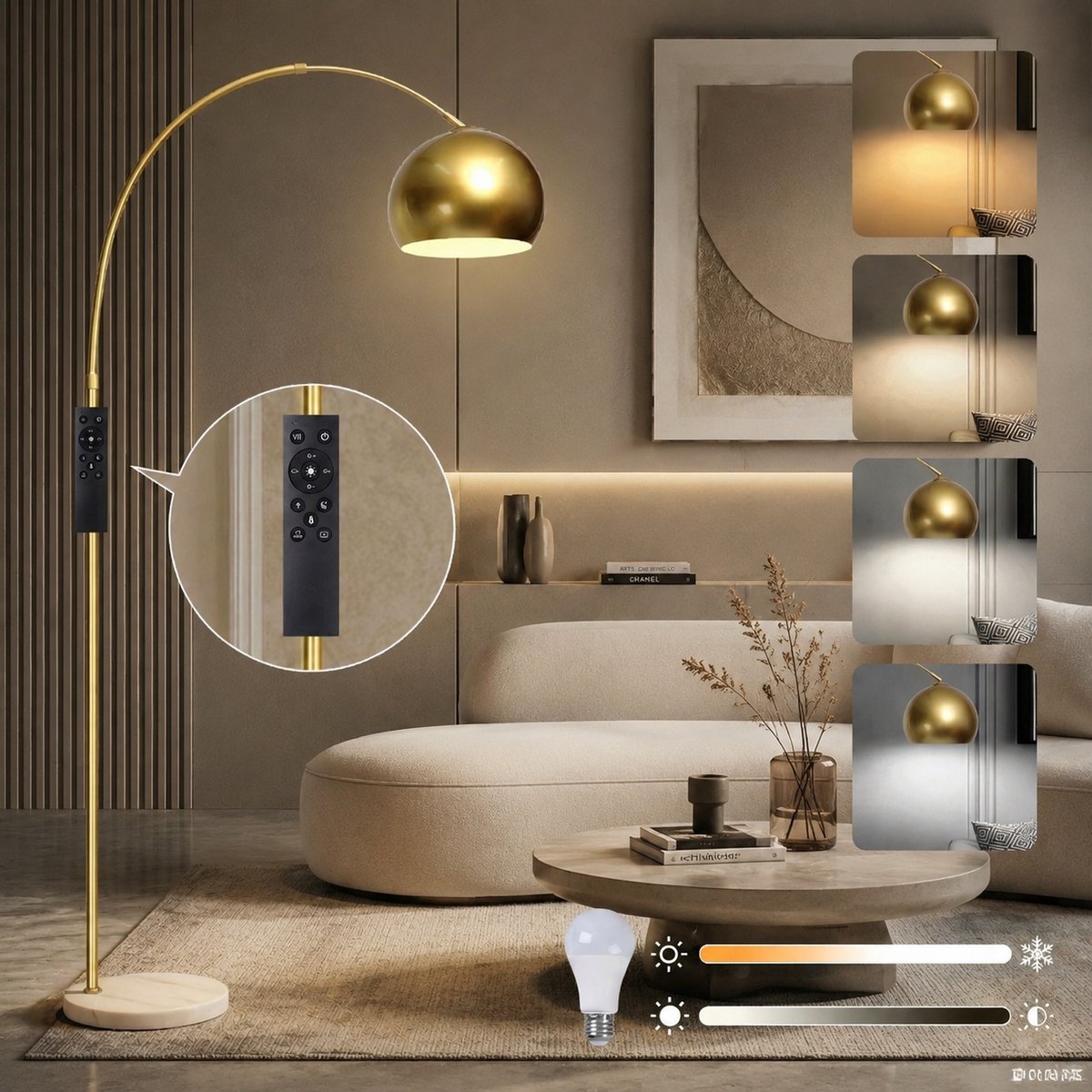 Lapamax Moderne Luxe Booglamp Goud – Boog vloerlamp met Verstelbare 360° Draaibare kap – Dimbaar& Afstandsbediening – Inclusief Lamp – Voor Woonkamer, Slaapkamer,Leeshoek en Kantoor