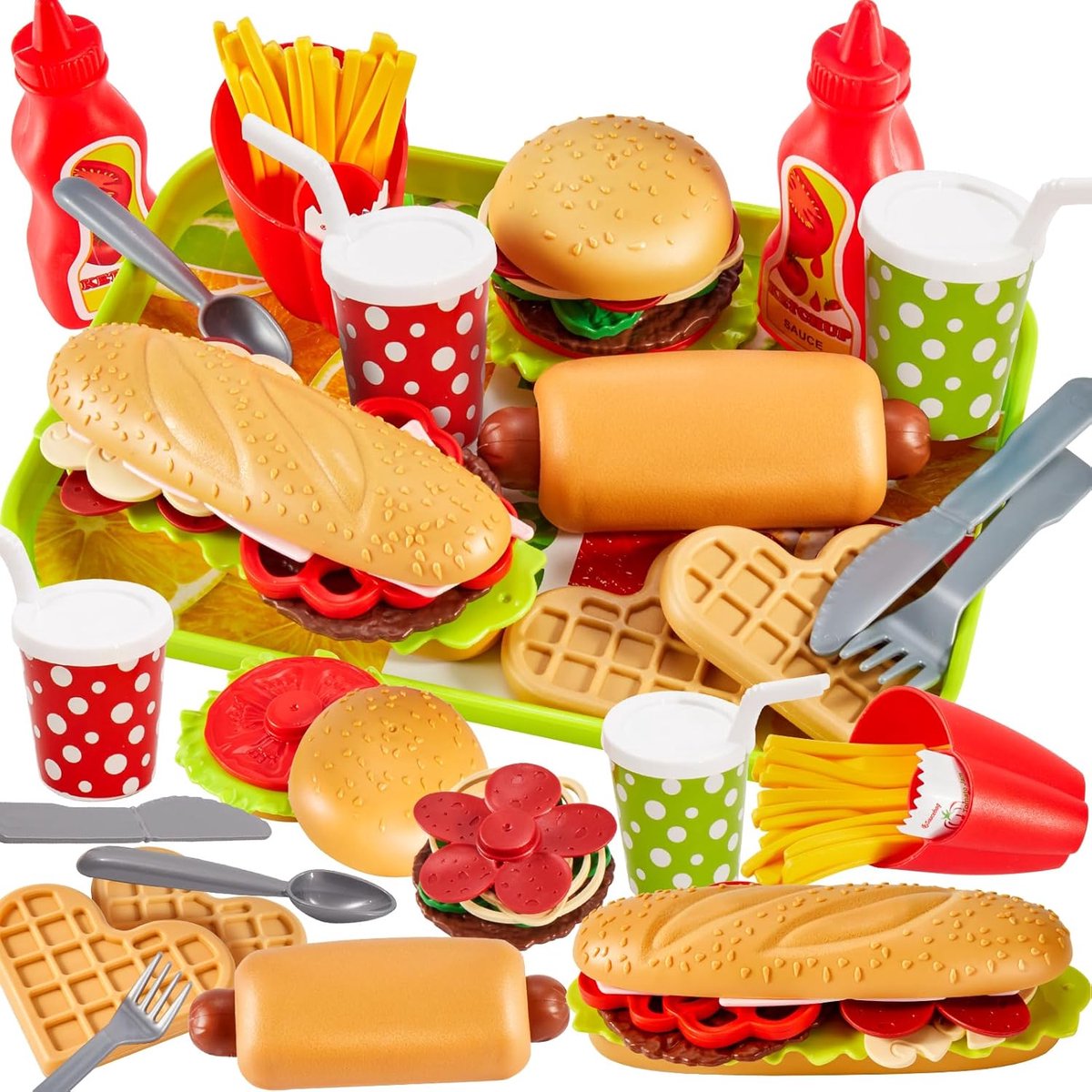 Dinette voor kinderen, hamburger, speelgoed, keuken, met dienblad voor frietjes, hotdogs, imitatiespel 3, 4, 5 jaar