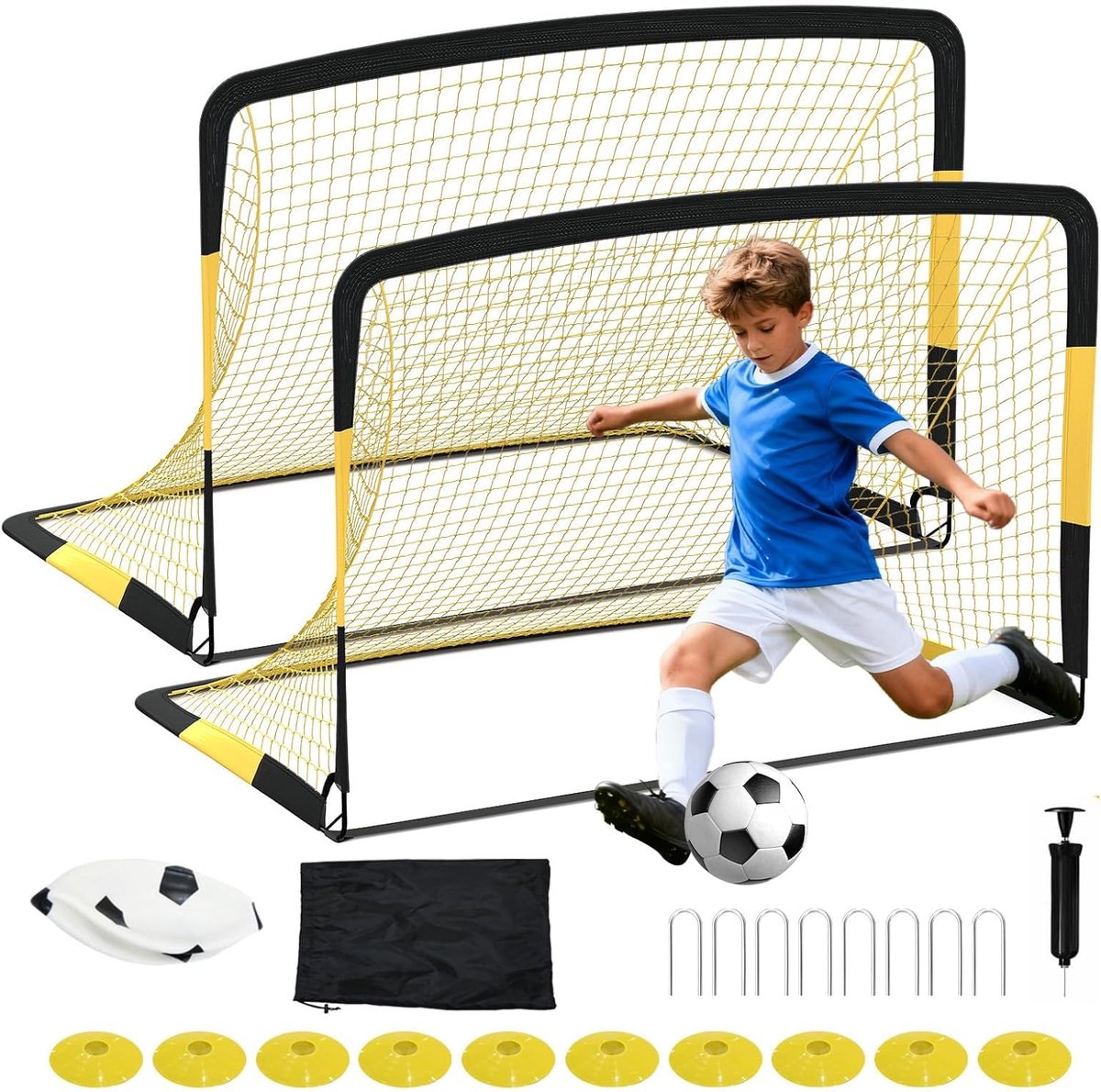 Triumpunpre Set van 2 opvouwbare en draagbare voetbaldoelen, 180 x 120 x 120 cm met accessoires, snel te monteren, voor binnen, buiten en in de tuin.