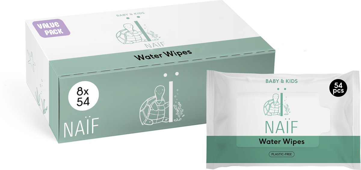 Bol.com Naïf - Plasticvrije Billendoekjes Water - 432 doekjes (8 stuks x 54 doekjes) aanbieding
