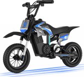 Elektrische crossmotor in blauw en grijs met nummer 9 op de voorkant en zijkant. Zwarte banden en zadel.
