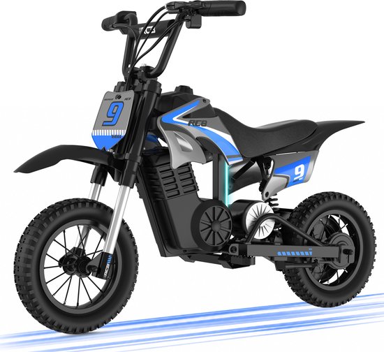 Elektrische crossmotor in blauw en grijs met nummer 9 op de voorkant en zijkant. Zwarte banden en zadel.