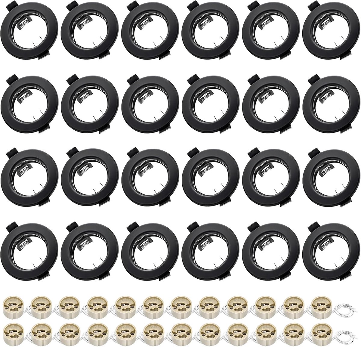 Set van 24 ronde inbouwspots GU10 - Mat zwart inbouwframe met fitting, geschikt voor boorgaten Ø55-70mm. Ideaal voor LED- en halogeenlampen. Eenvoudige installatie en moderne uitstraling.