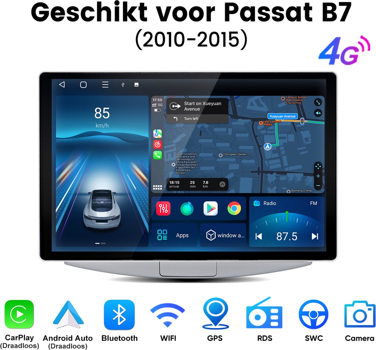 Junsun Android 15 Autoradio Geschikt voor VW Passat B7 CC 2010-2015 - 4GB+64GB - Draadloze CarPlay & Android Auto - GPS-Navigatiesystem - Bluetooth - 10.1-inch 2K Touchscreen - RDS - DSP - 4G - 8Kern - Plug & Play