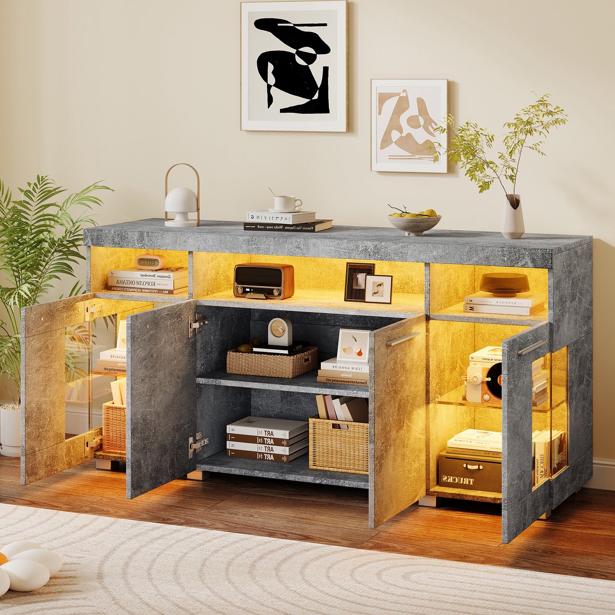 COVREO Dressoir 140x40x70 cm grijs, MDF en gehard glas met LED-verlichting