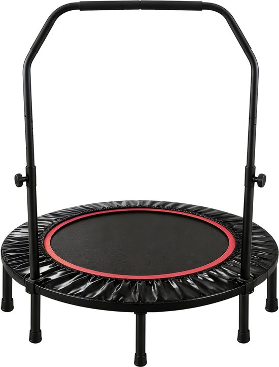 Zwarte fitness trampoline met rode rand en grijze handgreep, geïsoleerd op een witte achtergrond.