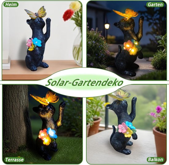 Solar Tuindecoratie Standbeeld - Welkom zwarte kat met vlinder met solar lantaarn hars beeldje, terras balkon tuin gazon buiten pop decoratie, housewarming geschenken van Solar — afbeelding 4
