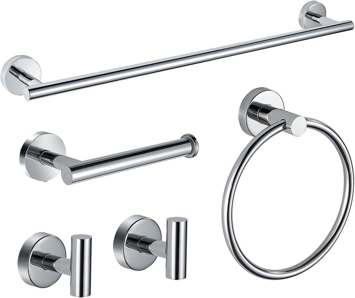 badkamerhardwareset, 5-delige SUS304 roestvrijstalen handdoekstang, toiletpapierhouder, handdoekring, gewadenhaken, schroefwandmontage badaccessoires voor moderne badkamer