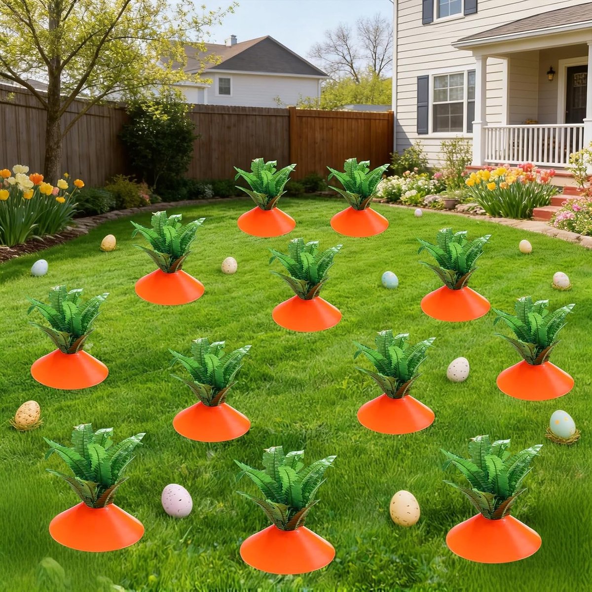 tuinsteker, Pasen, tuindecoratie, paaswortelen, kunstmatige varenbladeren, doe-het-zelf wortels, tuindecoraties voor lente, Pasen, thuis, gazon, tuin, binnenplaats, terras