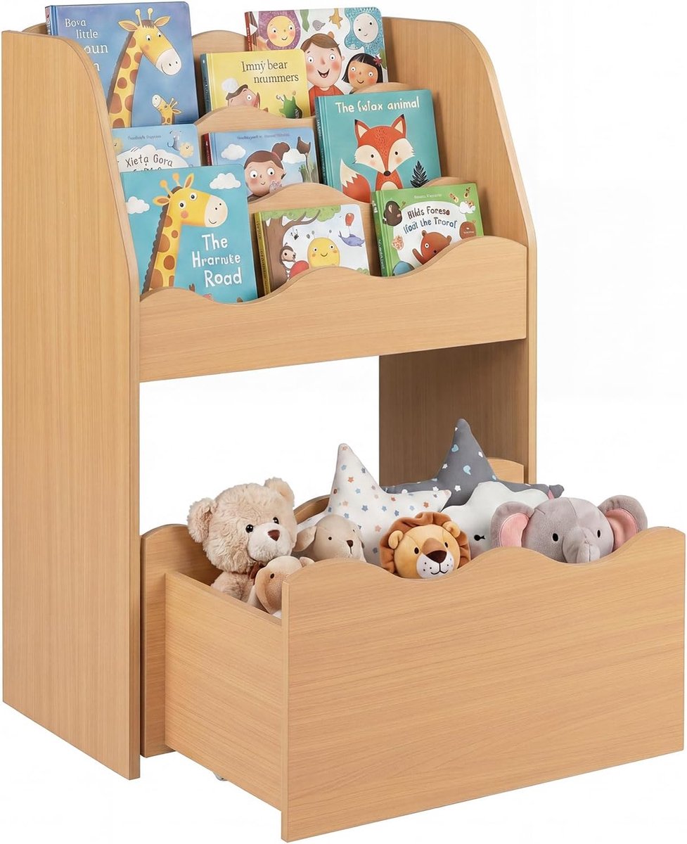 KOMFOTTEU Montessori Kinderboekenkast – 3-laags houten speelgoedrek met rolbare lade en golvende rand – opbergrek voor speelkamer, kinderkamer en klaslokaal
