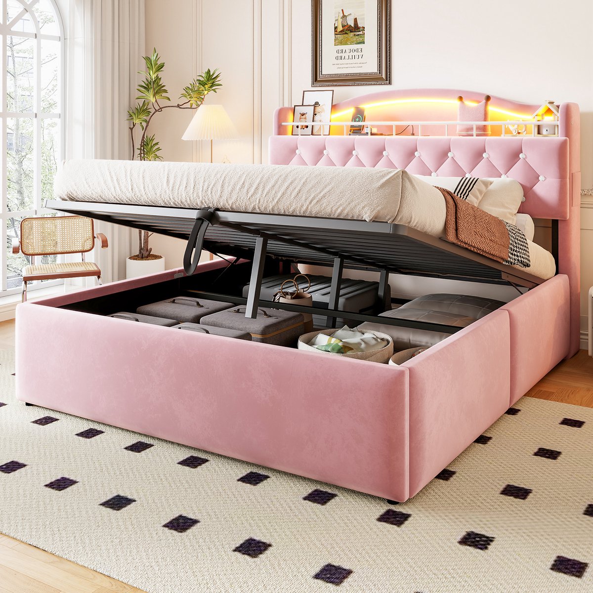 Tweepersoonsbed 140x200 cm - Gestoffeerd bed - Opbergbed - Multifunctioneel bed - Met LED-verlichting en USB-interface - Flueel - Roze