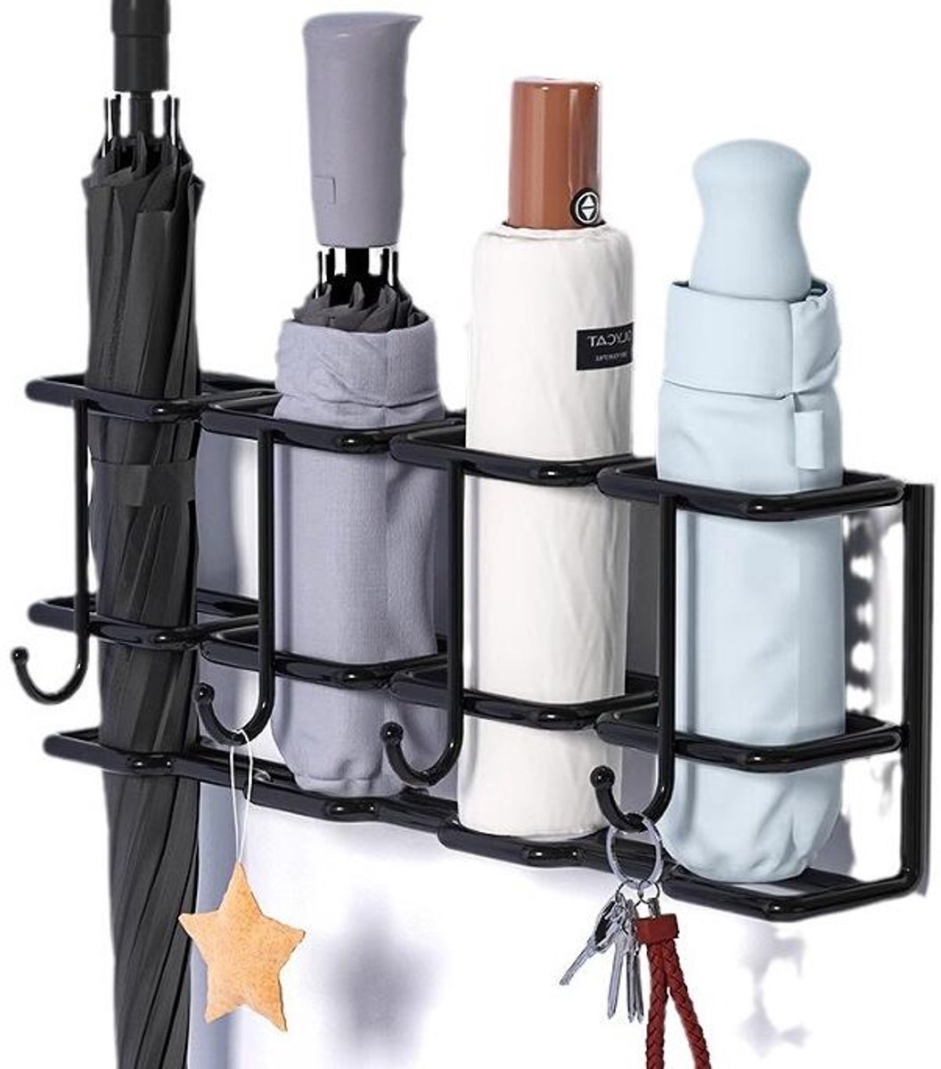 Paraplubak - Parapluhouder - Ruimtebesparende wandopbergbox - Moderne Umbrella Stand - met 4 vakken en 4 haakjes - 30×7×12 cm - inclusief onzichtbare plakstrips voor de entree thuis - wit