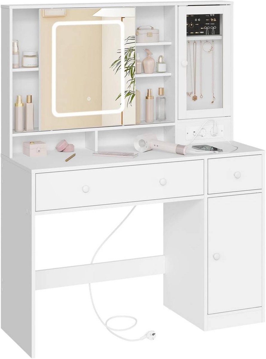 SureDeal® - Kaptafel - Verlichting - Mobiele spiegel - Stopcontacten - Wit - 108x40x139 cm