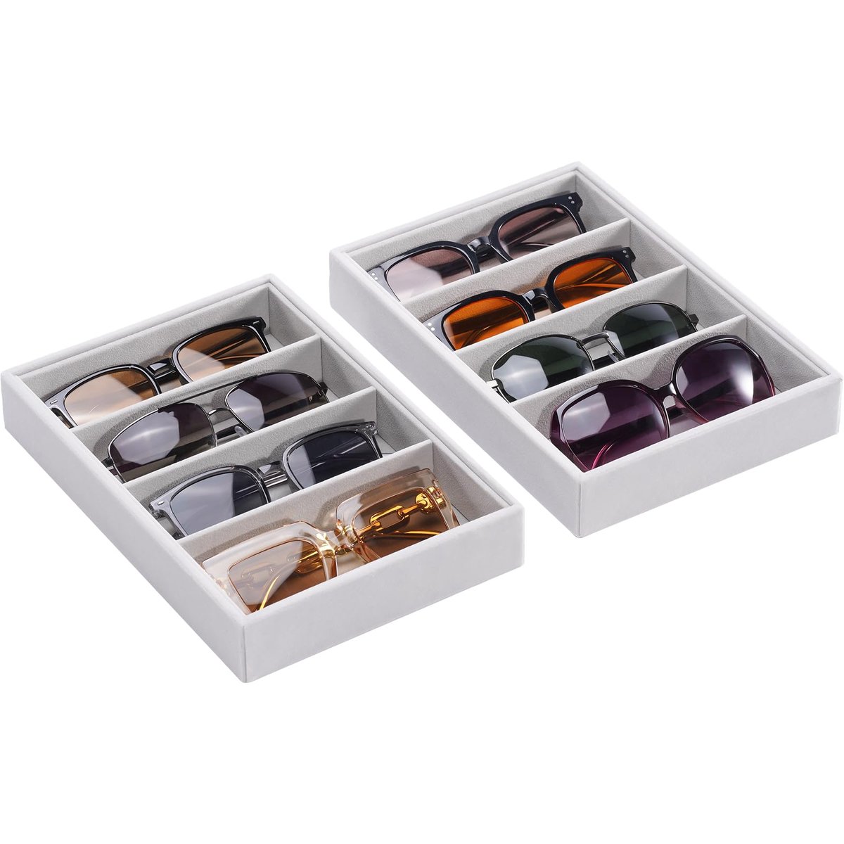 SnelShoppen - Zonnebril Organizer Tray, 4 Roosters Fluwelen Bril Eyewear Houder Trays, Zonnebril Display Lade Opslag voor Vrouwen Mannen - 2 Pack, Gri