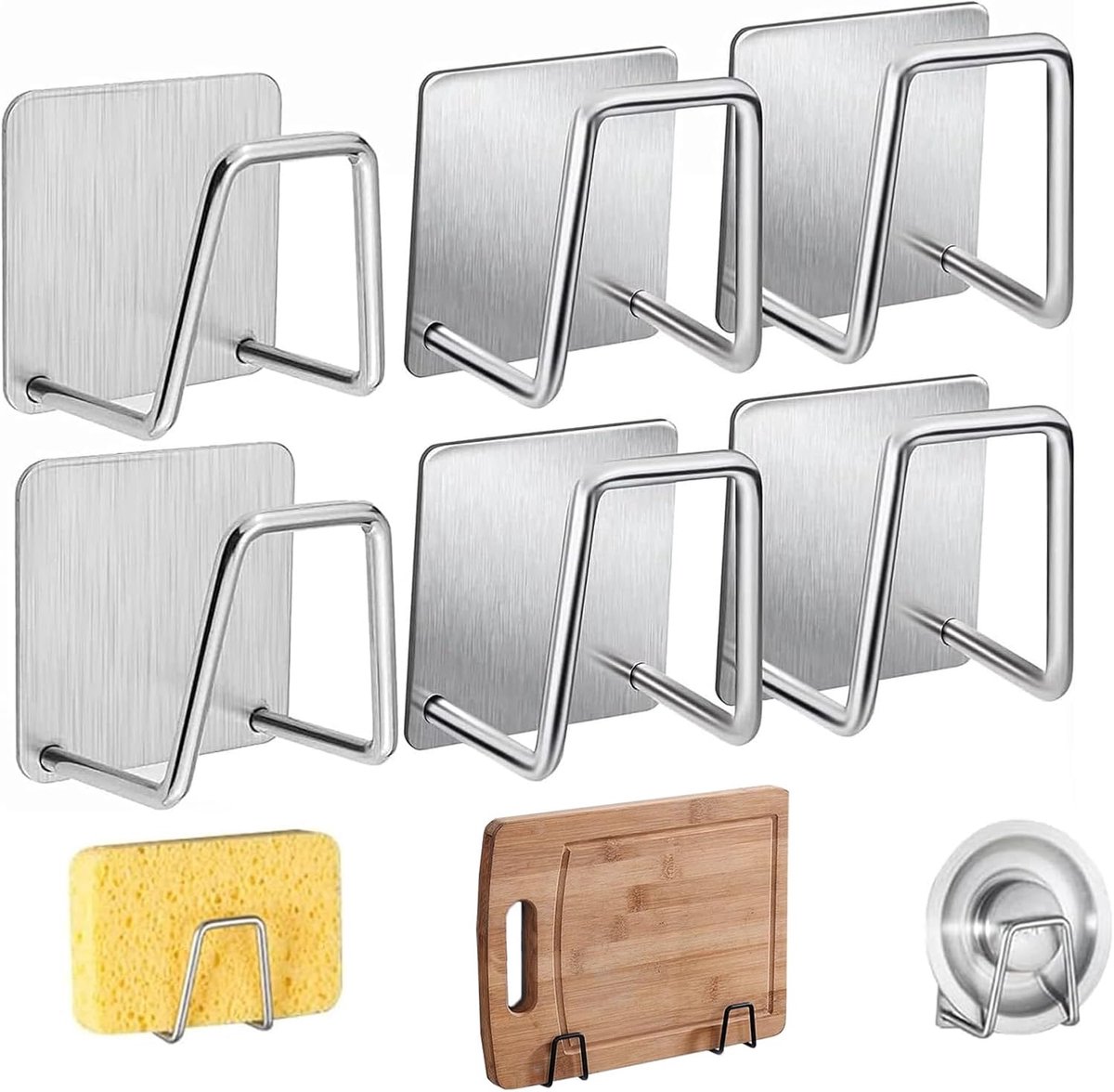 6 Stuks Zelfklevende Sponshouder voor Keuken - Zilveren Waterdichte Haak voor Spoelspons, Wastafel en Keukenspoelbak | Schuurspons van roestvrij staal, kleefhaken, organizer, sponshouder, gootsteen, keukenaccessoires