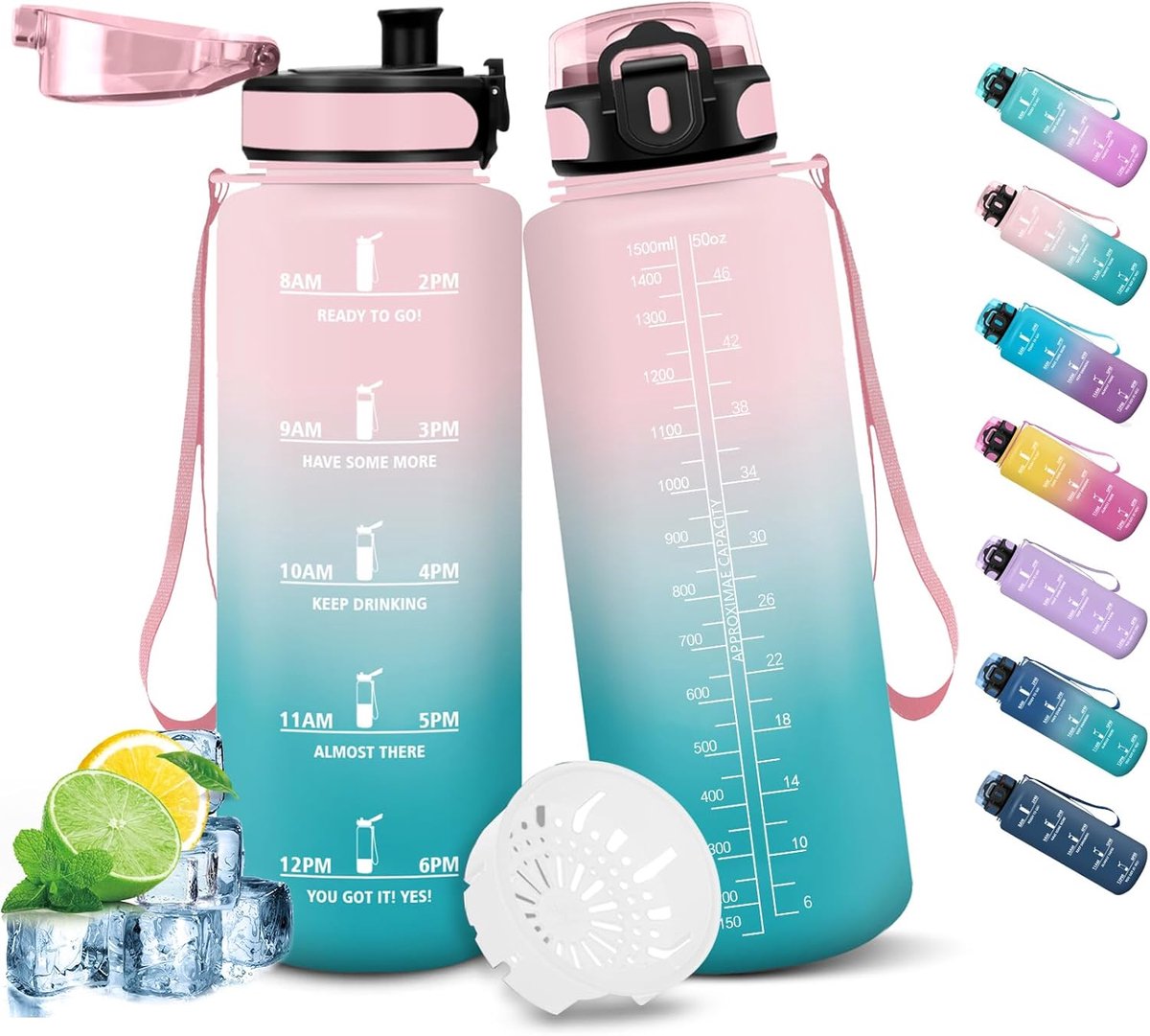 Waterfles, 1,5 liter, sportfles, lekvrij, sportfles, met filter, voor fitness, fietsen, school, kantoor