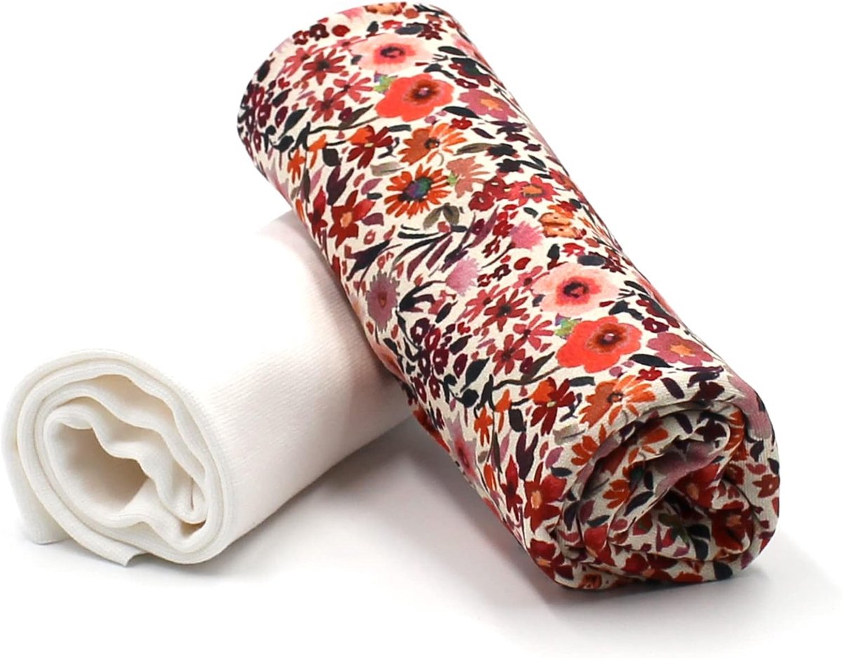 Stofpakket, 0,5 m jersey + 0,5 m boordstof voor het naaien van kinderkleding, kinderstof, jerseystof (bloemen roodachtig + ecru (set 47))