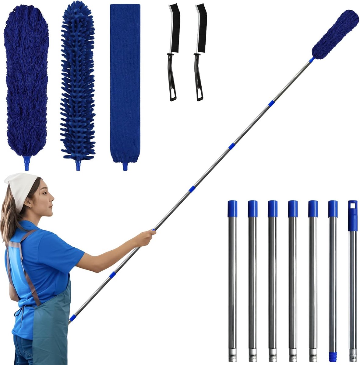 marysgift Stofdoek Telescoop Stofdoek Lang Uitrekbaar met Telescoopstang tot 310 cm Stofveger Wasbaar voor Spinnwebben Hoge Plafonds Gaten, Herbruikbare Schoonmaakset Donkerblauw